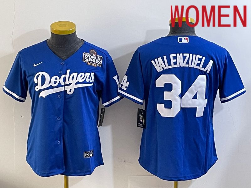 Women Los Angeles Dodgers #34 Valenzuela 2024 World series patch blue jersey 20241120120